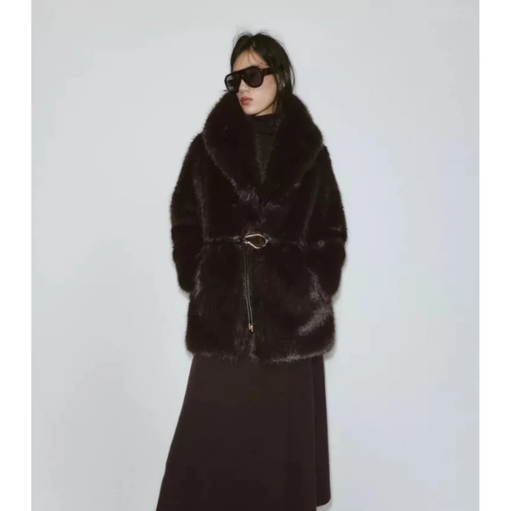ZARA Women's Faux Fur Coat with Belt(Brown, US XS, S, M,L/EUR XS, S, M, L) - Picture 2 of 15